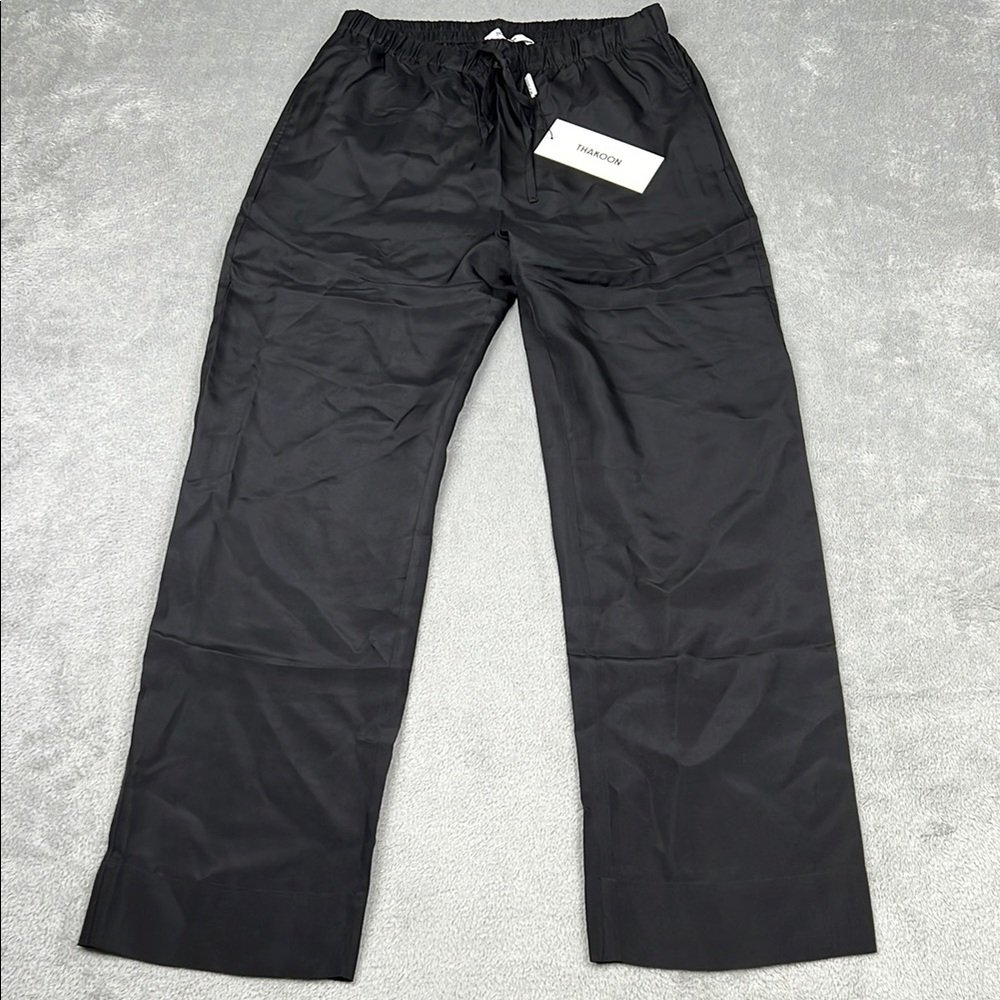 NEW Thakoon S 100%‎ Silk Drawstring Straight Leg Lightweight Black Pants